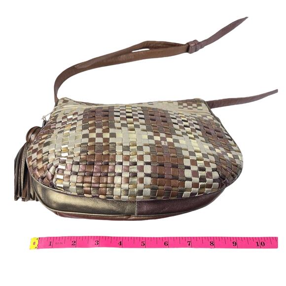 Sharif Metallic Gold Woven LEATHER HANDBAG Plaid Shoulder Crossbody Bag Tassel - Picture 11 of 13